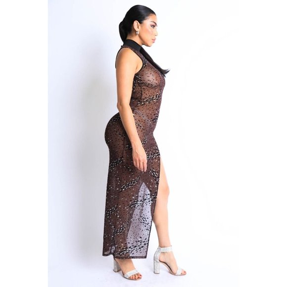 Women's Sleeveless Glittered Mesh Side High Slit Maxi Dress Small Medium Large - Picture 7 of 11